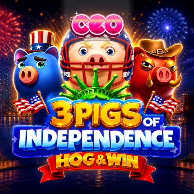 3 Pigs of Independence Hog & Win স্লটের একটি দৃশ্য যেখানে দেশাত্মবোধক থিম এবং পিগ চরিত্রগুলো দেখা যাচ্ছে